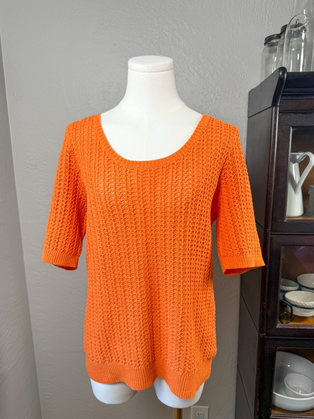 Lauren Ralph Lauren Orange Open Knit Cotton Linen Sweater Top Size L